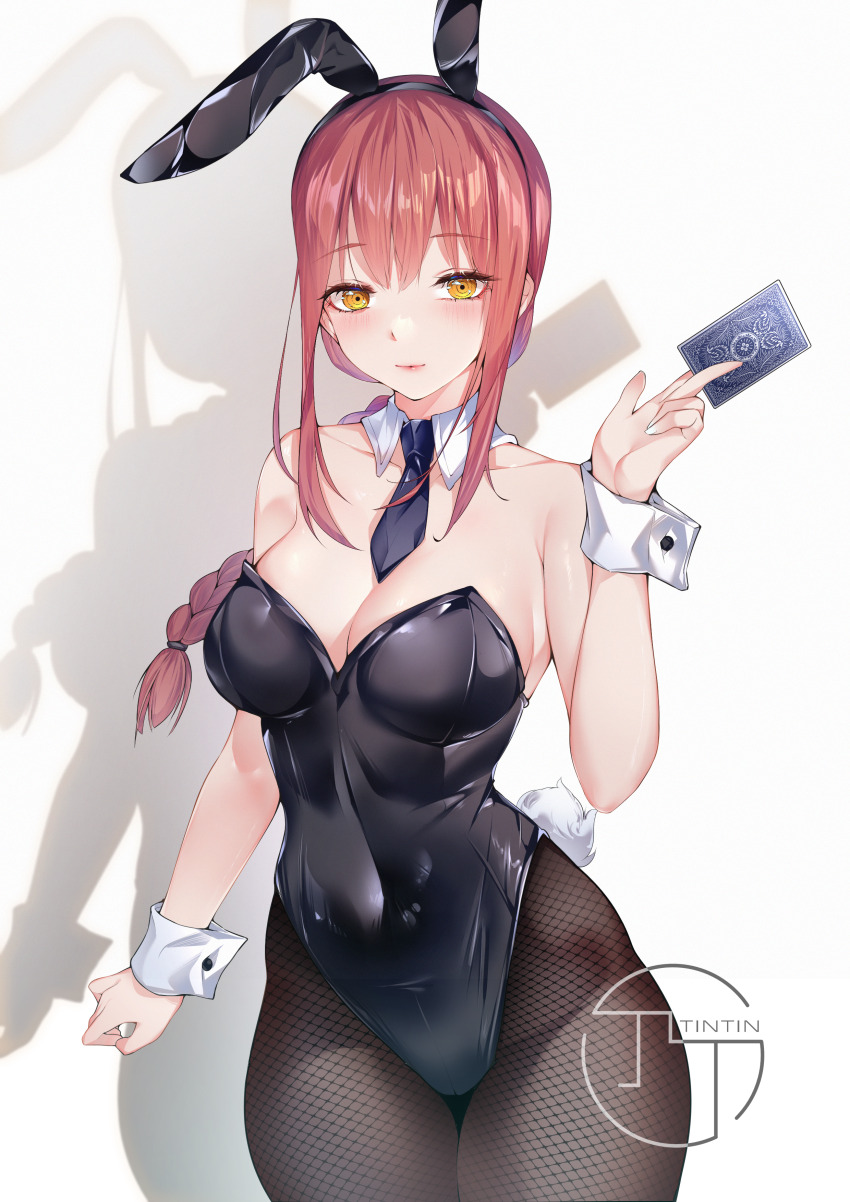 1girl absurdres alternate_costume bare_shoulders blush braid breasts card card_(medium) chainsaw_man fishnets highres large_breasts leotard long_hair makima_(chainsaw_man) nails necktie playboy_bunny red_hair short_necktie smile thighs tintin tintin001015 wrist_cuffs yellow_eyes