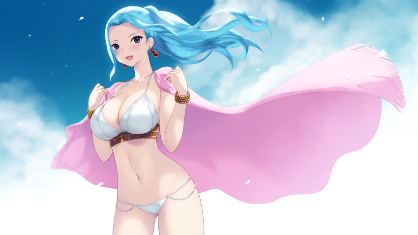 1girl bikini blue_eyes blue_hair blush bracelet breasts cait_aron cleavage collarbone earrings highres jewelry large_breasts long_hair looking_at_viewer navel nefertari_vivi one_piece open_mouth parted_bangs ponytail sidelocks smile solo swimsuit thighs white_bikini