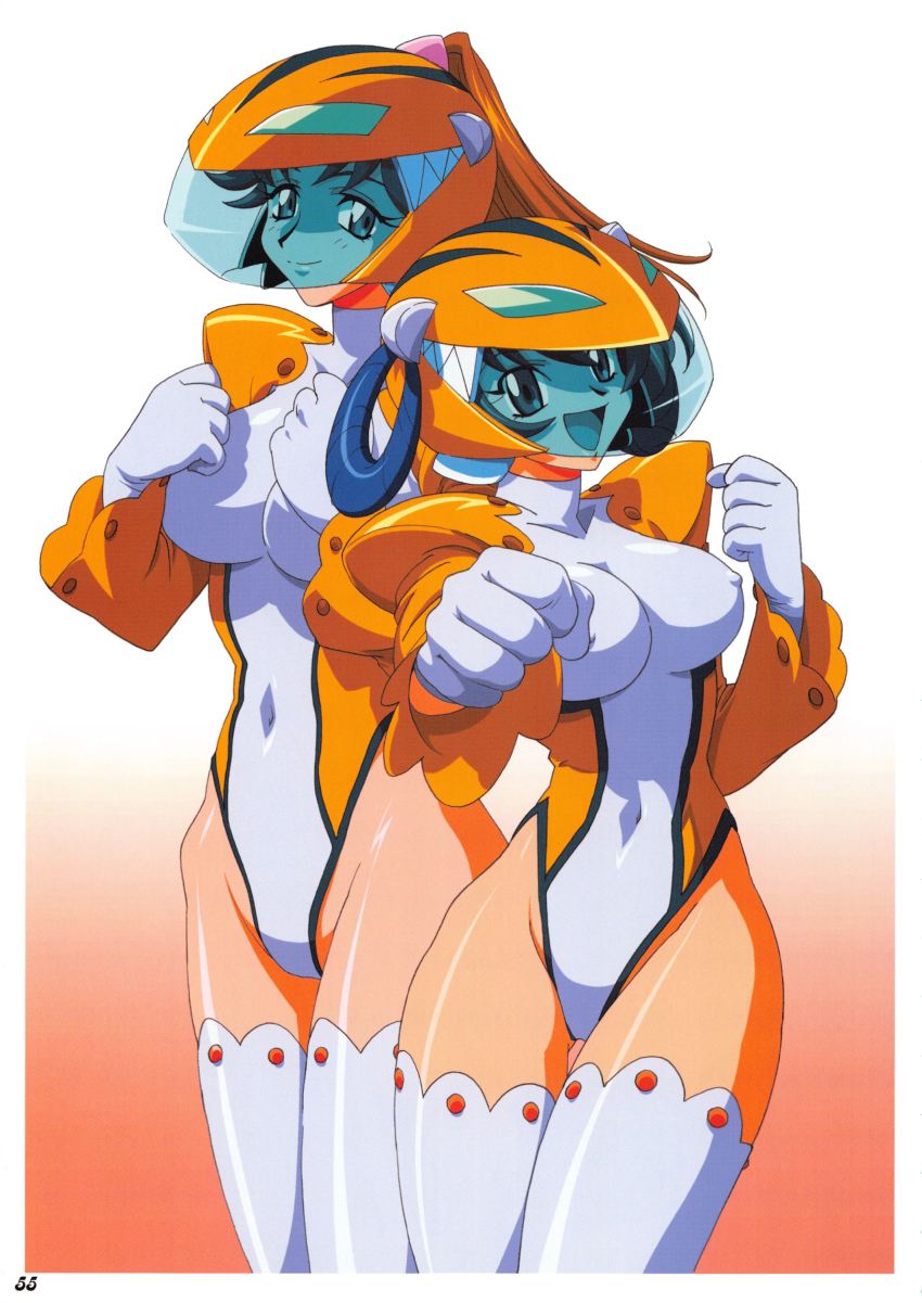 00s 2girls absurdres blue-tinted_eyewear blue_eyes blue_hair boots breasts brown_hair covered_erect_nipples curvy female_focus formal_clothes gloves helmet highleg highleg_leotard highres kimura_takahiro large_breasts legs leotard long_hair long_sleeves momozono_momoko multiple_girls nipples official_art ponytail red_eyes sasagure_konami shinkon_gattai_godannar!! shiny_skin skin_tight smile suit team thigh_boots thighhighs thighs thong_leotard tinted_eyewear visor
