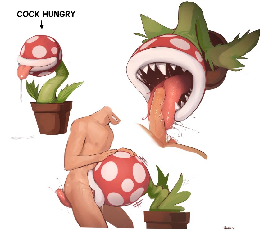 1boy artist_name bestiality commentary deepthroat drooling english_commentary eyes_out_of_frame fellatio from_side head_out_of_frame highres large_penis mario_(series) nintendo open_mouth oral penis piranha_plant plant potted_plant precum saliva sharp_teeth simple_background super_smash_bros. teeth testicles tongue tongue_out twang white_background