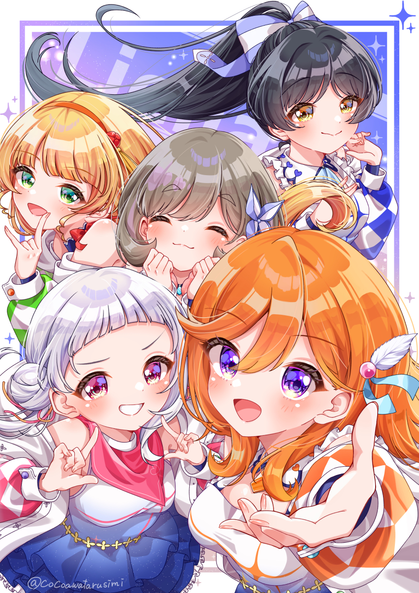 5girls :3 :d \m/ ^_^ absurdres arashi_chisato argyle_clothes argyle_sleeves bare_shoulders black_hair blonde_hair blue_background blue_bow blue_dress blue_sleeves blunt_bangs blush bow breasts closed_eyes closed_mouth commentary cowlick detached_collar dress facing_viewer floating_hair frilled_dress frills fukune_koko gradient_clothes gradient_dress green_eyes green_sleeves grey_hair grin group_name hair_bow hair_ornament hairband hajimari_wa_kimi_no_sora hazuki_ren heanna_sumire high_ponytail highres index_fingers_raised indoors jacket long_hair long_sleeves looking_at_viewer love_live! love_live!_superstar!! medium_breasts multiple_girls neckerchief offering_hand open_clothes open_jacket open_mouth orange_hair orange_sleeves pink_eyes pink_neckerchief pink_sleeves ponytail puffy_long_sleeves puffy_sleeves purple_eyes red_hairband shibuya_kanon short_dress short_hair sleeveless sleeveless_dress smile split_mouth striped_bow tang_keke tassel tassel_hair_ornament twitter_username white_dress white_jacket yellow_eyes