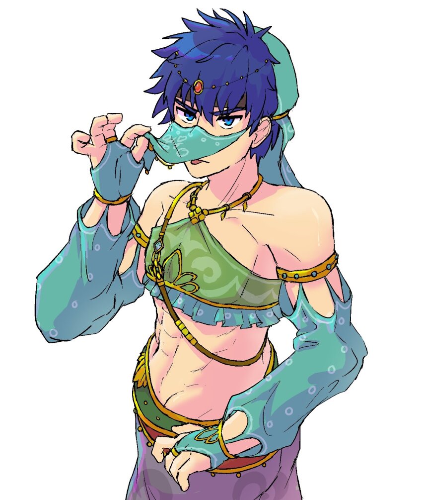 1boy arabian_clothes blue_eyes blue_hair crossdressing fire_emblem fire_emblem:_path_of_radiance gerudo gerudo_set_(zelda) harem_pants highres ike_(fire_emblem) looking_at_viewer male_focus mouth_veil nintendo pants solo uni_purin_uni veil