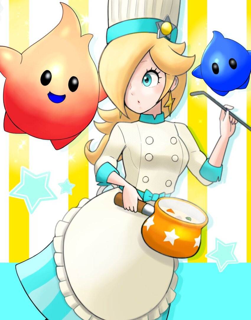 1girl a3_k306021 apron blonde_hair blue_eyes chef_hat cooking_pot earrings eyelashes hair_over_one_eye hat highres holding holding_cooking_pot holding_ladle hungry_luma_(super_mario_galaxy) jewelry ladle long_bangs long_hair looking_at_another luma_(mario) mario_(series) mario_kart mario_kart_tour nintendo official_alternate_costume parted_lips purple_nails rosalina rosalina_(chef) three-quarter_sleeves star_(symbol) star_earrings white_apron white_headwear