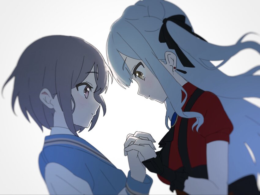 2girls bang_dream! bang_dream!_it&#039;s_mygo!!!!! blue_brooch blue_hair blue_jacket brown_eyes commentary grey_hair hashtag-only_commentary highres holding_hands interlocked_fingers jacket long_hair multiple_girls oblivionis_(bang_dream!) ora_(oraora_oekaki) red_shirt shirt short_hair sidelocks simple_background takamatsu_tomori togawa_sakiko upper_body white_background yellow_eyes
