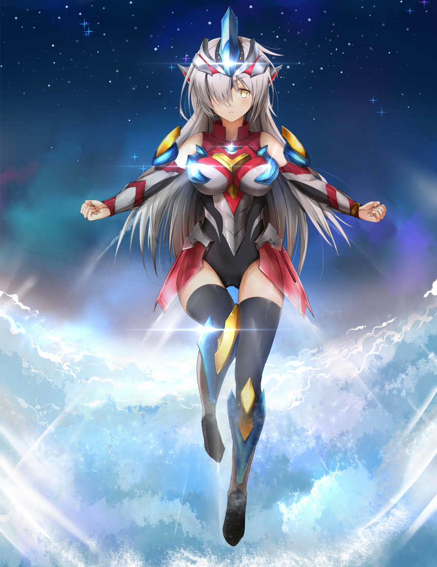 1girl absurdres armor bad_id bad_pixiv_id bare_shoulders black_leotard black_thighhighs breasts clenched_hands cloud commentary detached_sleeves faulds female_focus flying full_body genderswap genderswap_(mtf) glint greaves grey_hair hair_over_one_eye headgear high_collar highres large_breasts leg_up leotard long_hair looking_at_viewer outdoors outstretched_arms parted_lips personification sky solo sparkle star_(sky) starry_sky stratosphere taro_(ultrataro) thighhighs ultra_series ultraman_ginga ultraman_ginga_(series) ultraman_ginga_s ultraman_ginga_victory yellow_eyes