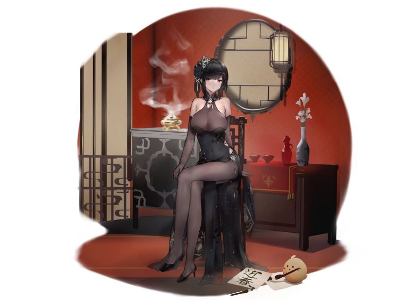 1girl azur_lane bare_shoulders bii_bii_(bronzeii002) black_dress black_flower black_footwear black_hair black_rose bodystocking breasts brown_gloves chen_hai_(azur_lane) chen_hai_(vestibule_of_wonders)_(azur_lane) china_dress chinese_clothes cleavage crossed_legs dress elbow_gloves flower full_body gloves hair_flower hair_ornament high_heels highres indoors large_breasts long_dress long_hair looking_at_viewer manjuu_(azur_lane) official_alternate_costume pantyhose pelvic_curtain purple_eyes rose see-through_clothes sitting sleeveless sleeveless_dress smoke solo taut_clothes taut_dress tight_clothes tight_dress transparent_background vase