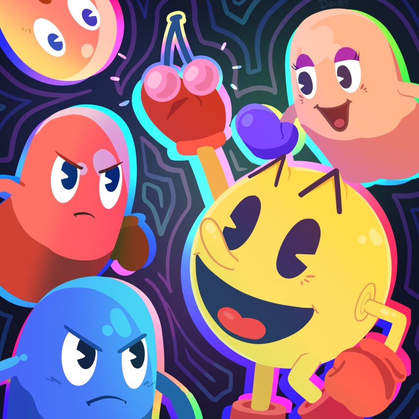 1girl 4boys blinky_(pac-man) blue_skin brown_gloves cherry clyde_(pac-man) colored_skin eyeshadow food frown fruit glaring gloves highres holding holding_food holding_fruit inky_(pac-man) itisdoibs makeup multiple_boys open_mouth orange_gloves orange_skin pac-man pac-man_(game) pac-man_eyes pink_skin pinky_(pac-man) purple_eyeshadow purple_gloves red_footwear red_skin smile tongue yellow_skin