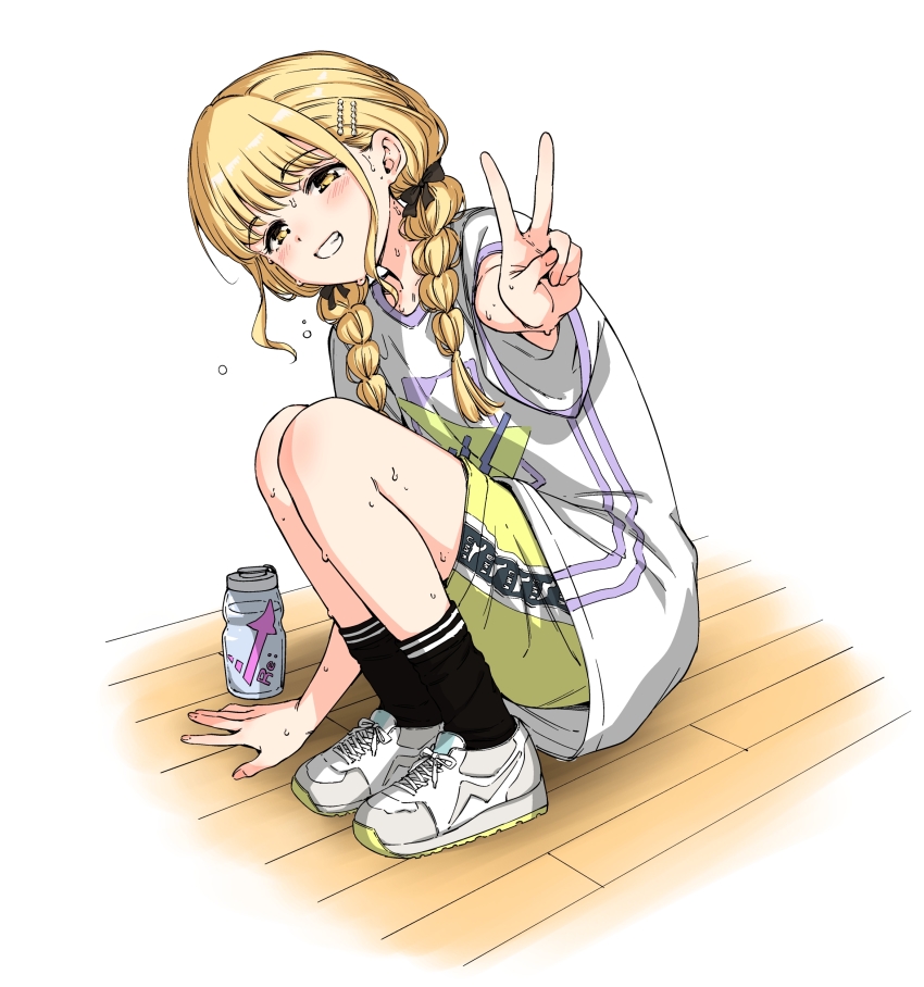 1girl absurdres black_ribbon black_socks blonde_hair blush bottle braid foreshortening fujita_kotone gakuen_idolmaster grin hair_ribbon hamao head_tilt highres idolmaster long_hair looking_at_viewer ribbon shirt shoes shorts smile sneakers socks solo squatting sweat twin_braids v white_shirt white_shorts wooden_floor yellow_eyes yellow_shorts