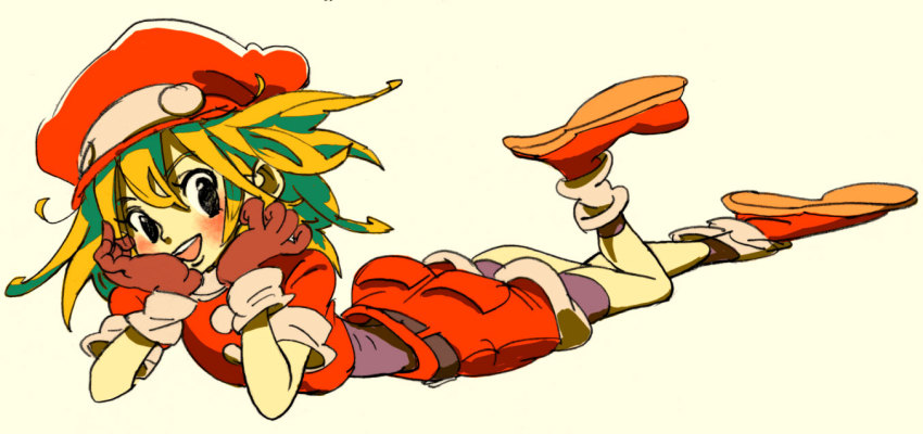 1girl belt blonde_hair blush cabbie_hat capcom female_focus gloves hat mega_man_(series) mega_man_legends_(series) nasou ninton red_shorts roll_caskett_(mega_man) shorts simple_background solo white_background