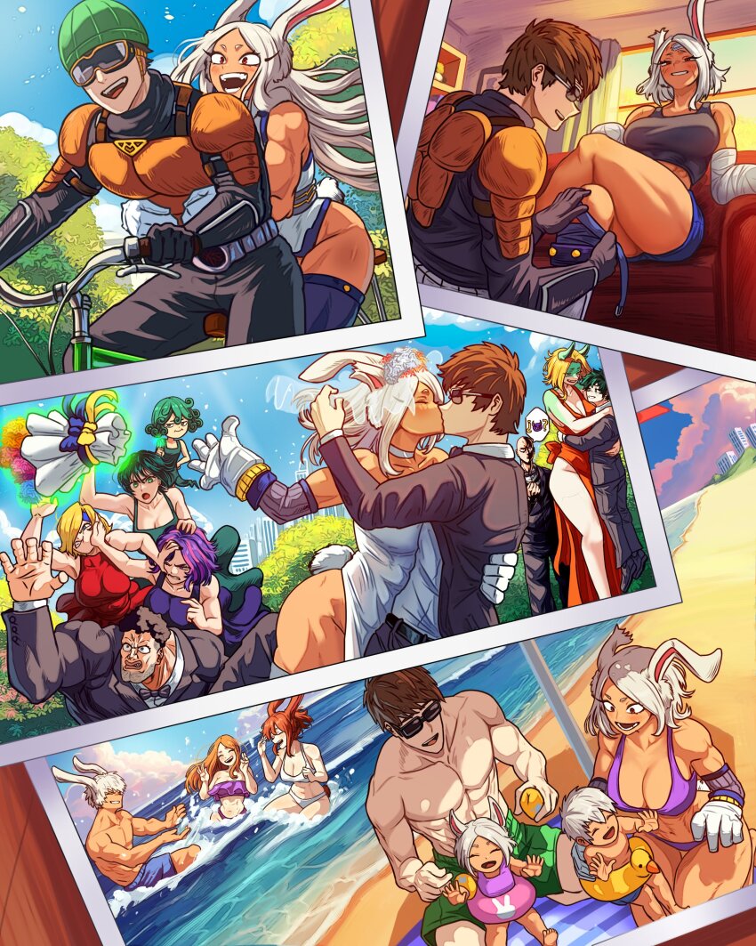 6+boys 6+girls abs absurdres bald bandaged_arm bandages bare_shoulders beach bicycle bicycle_helmet bikini black_bow black_bowtie black_hair black_jacket black_pants black_tank_top blonde_hair blue_hairband blue_shorts boku_no_hero_academia bow bowtie breasts brown_hair bush chair character_request choker cleavage cleft_chin clenched_hand clenched_teeth closed_eyes collared_shirt commentary_request crop_top crossed_legs curly_hair curtains dress dress_shirt facial_hair floating formal_clothes fubuki_(one-punch_man) gloves green_dress green_eyes green_hair green_horns green_shorts hairband hand_on_another&#039;s_cheek hand_on_another&#039;s_face height_difference helmet highres horns indoors innertube jacket kiss lady_nagant large_breasts leaning_forward levitation long_hair medium_hair midoriya_izuku mirko multicolored_hair multiple_boys multiple_girls mumen_rider muscular muscular_female muscular_male one-punch_man one_eye_closed open_mouth outdoors pants parted_bangs partially_submerged pectorals petite photo_(object) pink_hair puri_puri_prisoner purple_bikini purple_dress purple_hair rabbit_tail red_dress red_eyes red_hair riding riding_bicycle saitama_(one-punch_man) sand shirt shore short_hair shorts sitting sky smile spanish_commentary strapless strapless_dress streaked_hair suit sunglasses swim_ring swimsuit tail tank_top tatsumaki teeth telekinesis thighhighs tree two-tone_hair vlizz water wedding_dress white_bikini white_choker white_dress white_gloves white_hair white_shirt white_thighhighs window
