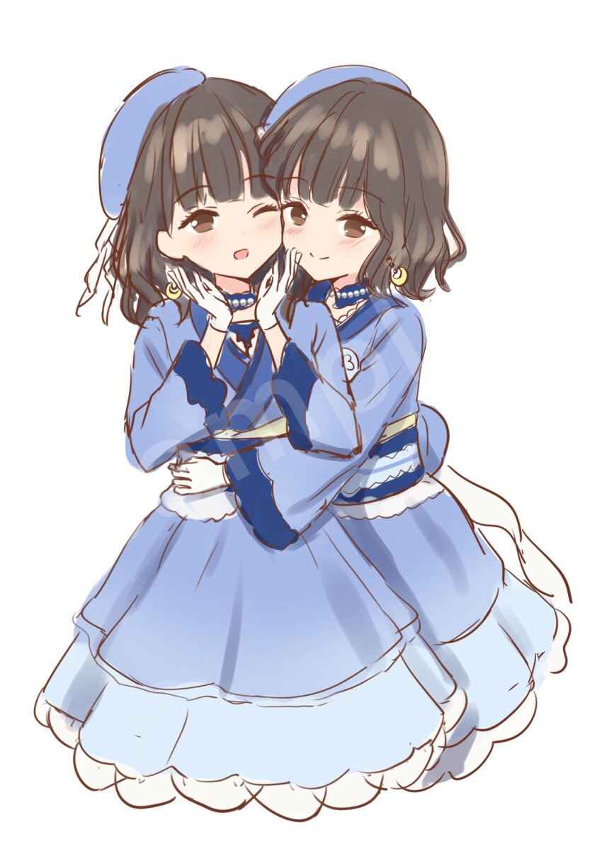 2girls ;d animification beret blue_skirt blunt_bangs blush braid brown_eyes brown_hair closed_mouth commentary_request crescent crescent_earrings earrings flower_stand_art gloves hanazora_satsuki hat highres hug japanese_clothes jewelry kimono link!_like!_love_live! long_sleeves love_live! love_live!_series_asia_tour_2024 medium_hair medium_skirt multiple_girls nirei_nozomi one_eye_closed open_mouth purple_hat purple_kimono purple_skirt real_life sakurai_hina sample_watermark side_braid sidelocks simple_background skirt smile tilted_headwear tsukuyomi_kurage unfinished voice_actor watermark wavy_hair white_background white_gloves