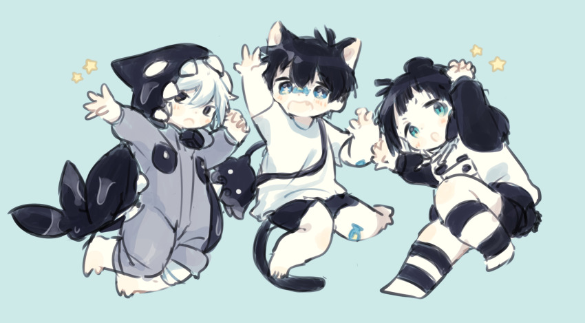 3boys animal_ears aqua_eyes arms_up barefoot black_eyes black_shorts black_socks blue_background blush cat_boy cat_ears cat_tail commentary_request cotono_(nazekun) drawstring fang highres hood hood_up hoodie killer_whale_(cotono_(nazekun)) long_sleeves male_focus multiple_boys neko-kun_(cotono_(nazekun)) onesie open_mouth original panda_(cotono_(nazekun)) panda_boy panda_ears panda_tail shirt shorts simple_background sketch socks striped_clothes striped_socks t-shirt tail two-tone_socks v-shaped_eyebrows white_hair white_hoodie white_shirt white_socks