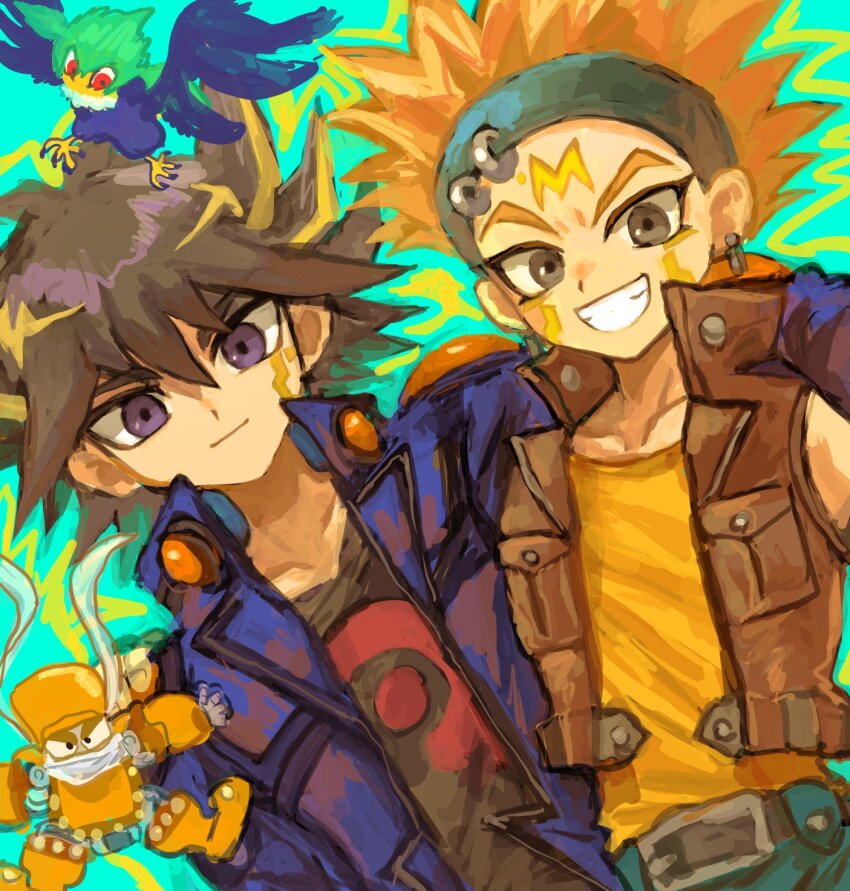 arm_on_another&#039;s_shoulder bifuteki_(bi_futeki) blackwing_gale_the_whirlwind blue_eyes blue_headband crow_hogan duel_monster earrings facial_mark facial_tattoo floating_earring forehead_mark fudo_yusei grin headband high_collar highres jacket jewelry junk_synchron male_focus marking_on_cheek multicolored_hair open_clothes open_jacket orange_hair pants shirt short_hair shoulder_pads sleeveless sleeveless_jacket smile spiked_hair streaked_hair tattoo yu-gi-oh! yu-gi-oh!_5d&#039;s
