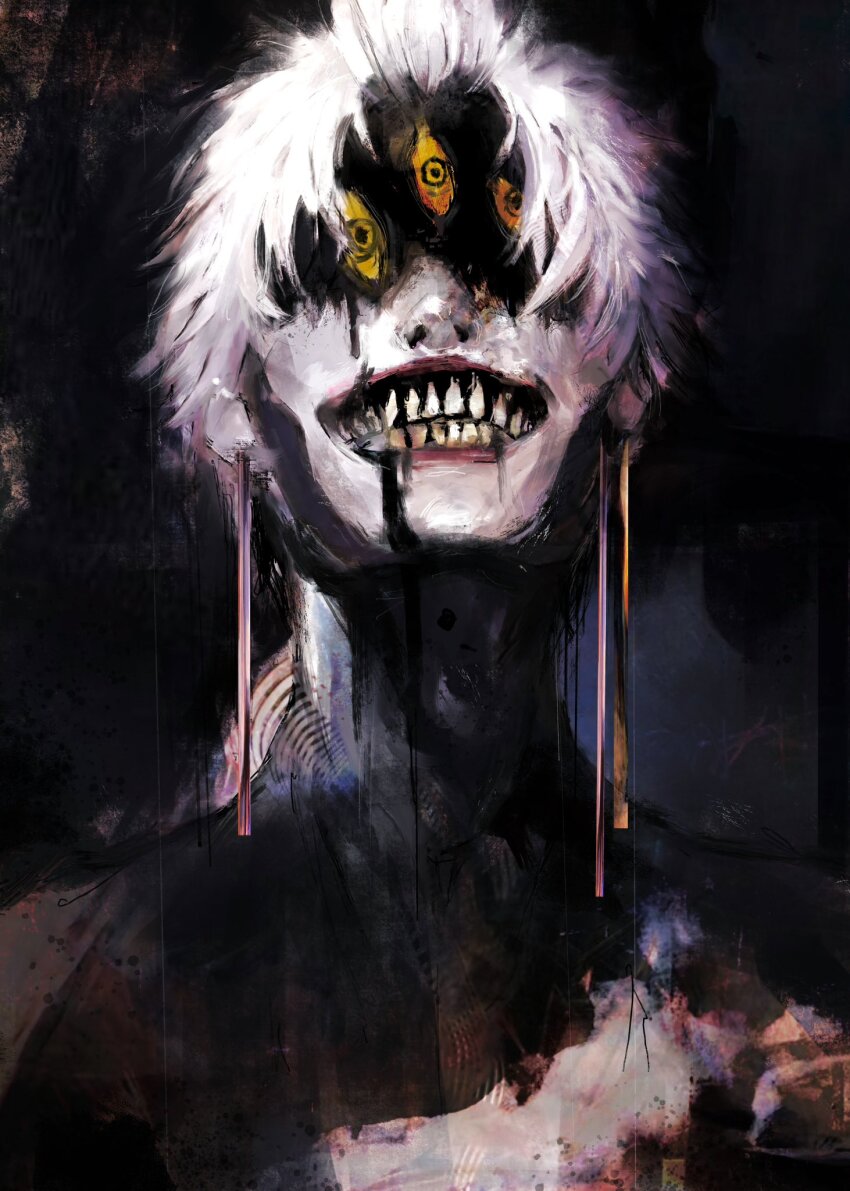 1boy alternate_form clenched_teeth dandadan earrings evil_eye_(dandadan) evil_grin evil_smile grin highres jewelry enjoji_jin looking_at_viewer portrait ringed_eyes simple_background smile solo spiked_hair teeth third_eye topless_male white_hair xa8uofivf2mcart yellow_eyes