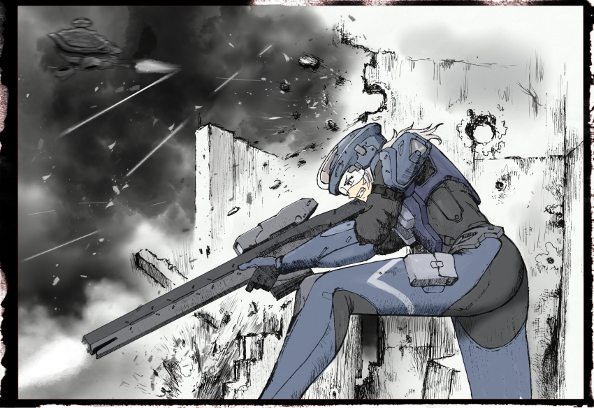 1girl against_wall android armor armored_bodysuit battle black_bodysuit blue_armor bodysuit border breastplate bullet_hole clenched_teeth cloud cloudy_sky commentary_request debris destruction explosion firing flying from_side goddess_of_victory:_nikke gun helmet highres holding holding_gun holding_weapon long_hair military ogirin3948 pouch product_08_(nikke) rapture_(nikke) rifle robot science_fiction scope sky sniper_rifle solo strap teeth thigh_pouch weapon white_hair