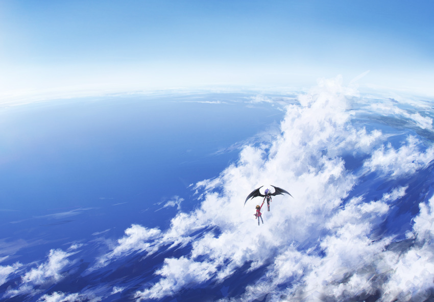 1boy 1other absurdres black_footwear black_shirt blue_pants blue_sky brown_eyes brown_hair cloud cloudy_sky demon_wings duel_disk facing_away flying hanging_on highres horizon jacket midair moribuden mountain open_clothes open_jacket outdoors pants popped_collar purple_hair red_jacket shirt sky wings yu-gi-oh! yu-gi-oh!_gx yubel yuki_judai