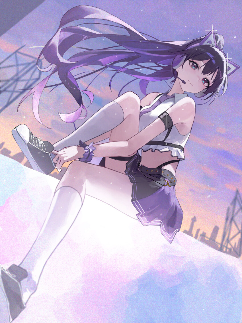 1girl absurdres bare_shoulders blue_eyes blue_sailor_collar blue_skirt commentary_request headset highres knee_up korean_commentary long_hair mac_star midriff necktie original outdoors purple_hair purple_necktie sailor_collar school_uniform scrunchie shirt shoes skirt sleeveless sleeveless_shirt sneakers socks white_shirt white_socks wrist_scrunchie