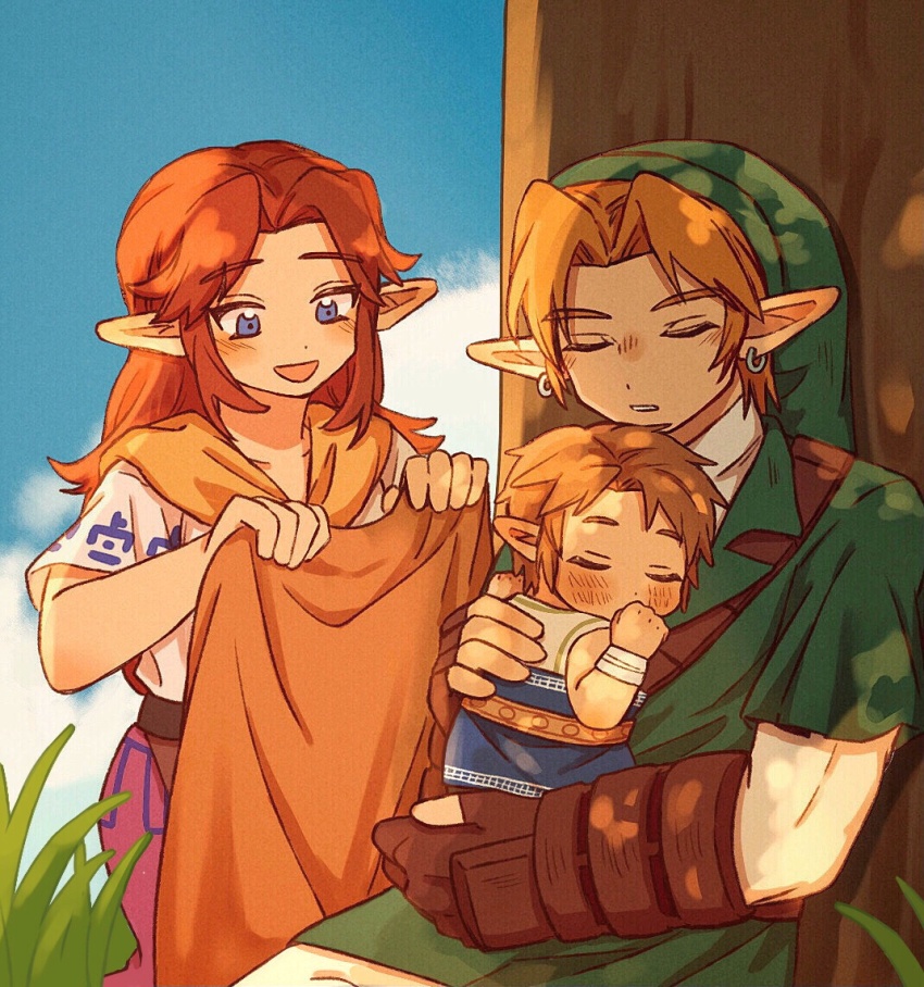 1girl 2boys :d baby blue_eyes brown_gloves brown_hair closed_eyes commentary dot_nose english_commentary father_and_son gloves green_hat hat if_they_mated link long_hair malon multiple_boys nintendo on_grass open_mouth pointy_ears sitting smile standing teateeeea the_legend_of_zelda the_legend_of_zelda:_ocarina_of_time the_legend_of_zelda:_twilight_princess tree
