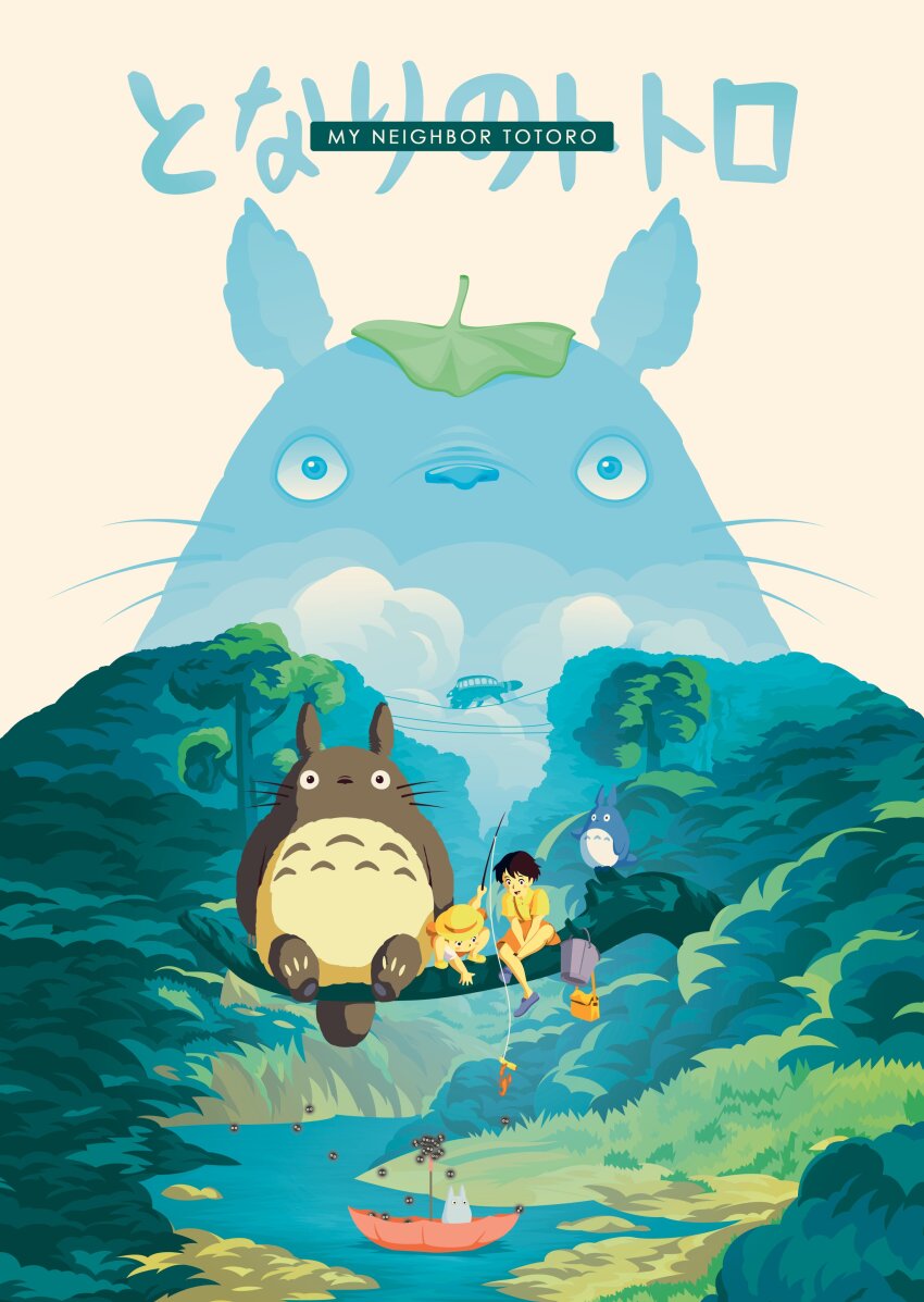 2girls absurdres bag black_hair child cloud copyright_name crayfish crossed_legs english_text fishing fishing_rod forest handbag highres holding holding_fishing_rod joseph_k_r kusakabe_mei kusakabe_satsuki leaf leaf_on_head multiple_girls nature nekobus open_mouth orange_skirt outdoors poster_(medium) river shirt short_hair siblings sisters sitting skirt smile studio_ghibli susuwatari tonari_no_totoro totoro tree umbrella whiskers yellow_headwear yellow_shirt