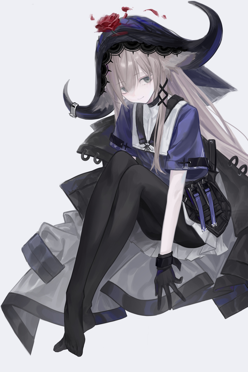 1girl absurdres arknights black_eyes black_gloves black_horns black_pantyhose chinese_commentary closed_mouth commentary_request flower flower_on_head full_body gloves grey_background grey_hair hair_between_eyes hair_ornament highres horns long_hair looking_at_viewer no_shoes pallas_(arknights) pantyhose petals purple_shirt red_flower red_rose rose rose_petals shirt short_sleeves simple_background smile solo x_hair_ornament yaoyao_(yoyo27456335489)