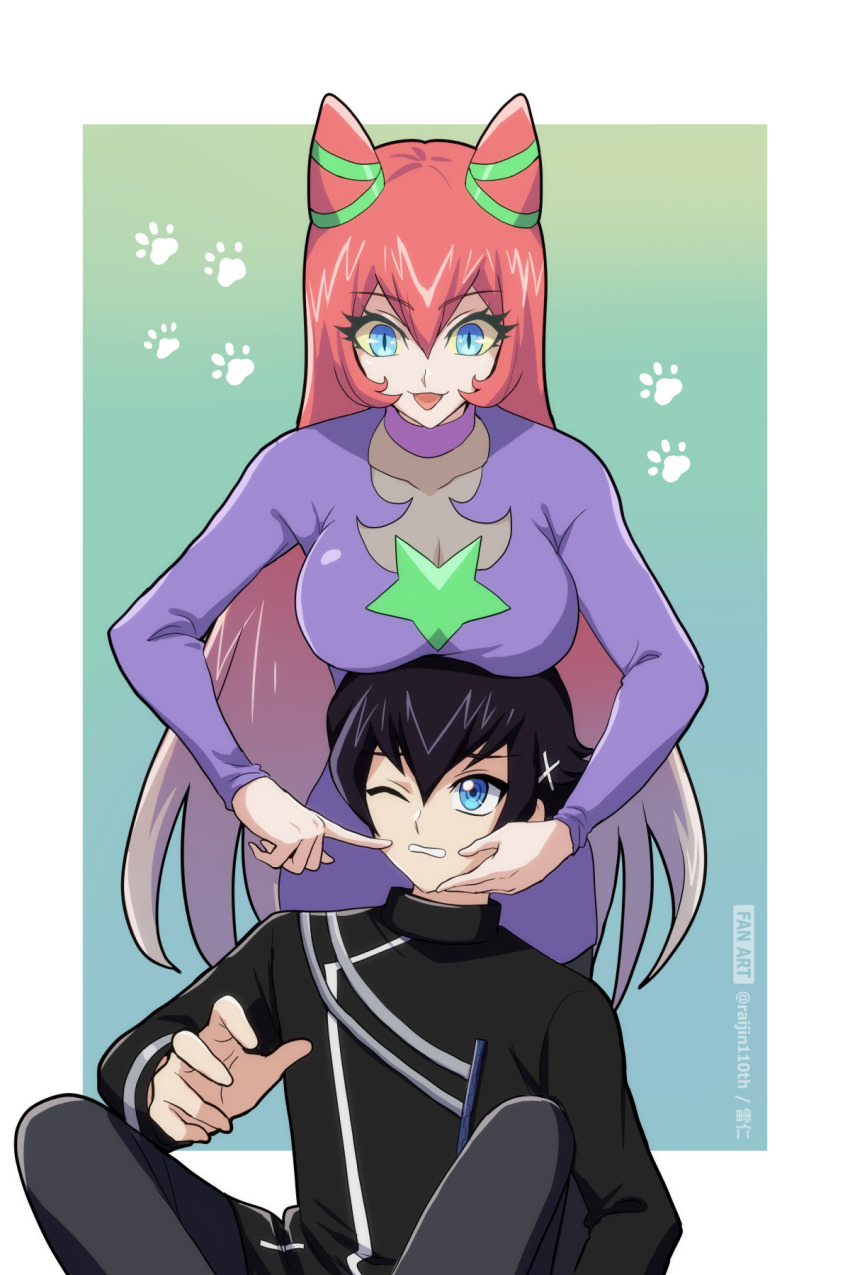 1boy 1girl black_shirt blue_eyes border breast_rest breasts breasts_on_head cat_girl collarbone dress eyelashes hair_ears highres large_breasts nyandestar_(yu-gi-oh!) one_eye_closed open_mouth paw_print pink_hair purple_dress raijin-bh shirt slit_pupils sougetsu_manabu white_border yu-gi-oh! yu-gi-oh!_go_rush!!