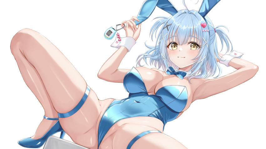 1girl :3 ahoge animal_ears arm_up armpits bare_shoulders blue_hair blue_leotard blue_shoes bow bowtie breasts cleavage closed_mouth commentary_request covered_navel detached_collar fake_animal_ears hair_ornament hairband hand_up heart heart_ahoge high_heels highleg highleg_leotard large_breasts leotard looking_at_viewer medium_hair original playboy_bunny rabbit_ears shoes simple_background skindentation smile solo strapless strapless_leotard tamagotchi thigh_strap thighs tsukiyuki_mike two_side_up white_background wrist_cuffs x_hair_ornament yellow_eyes