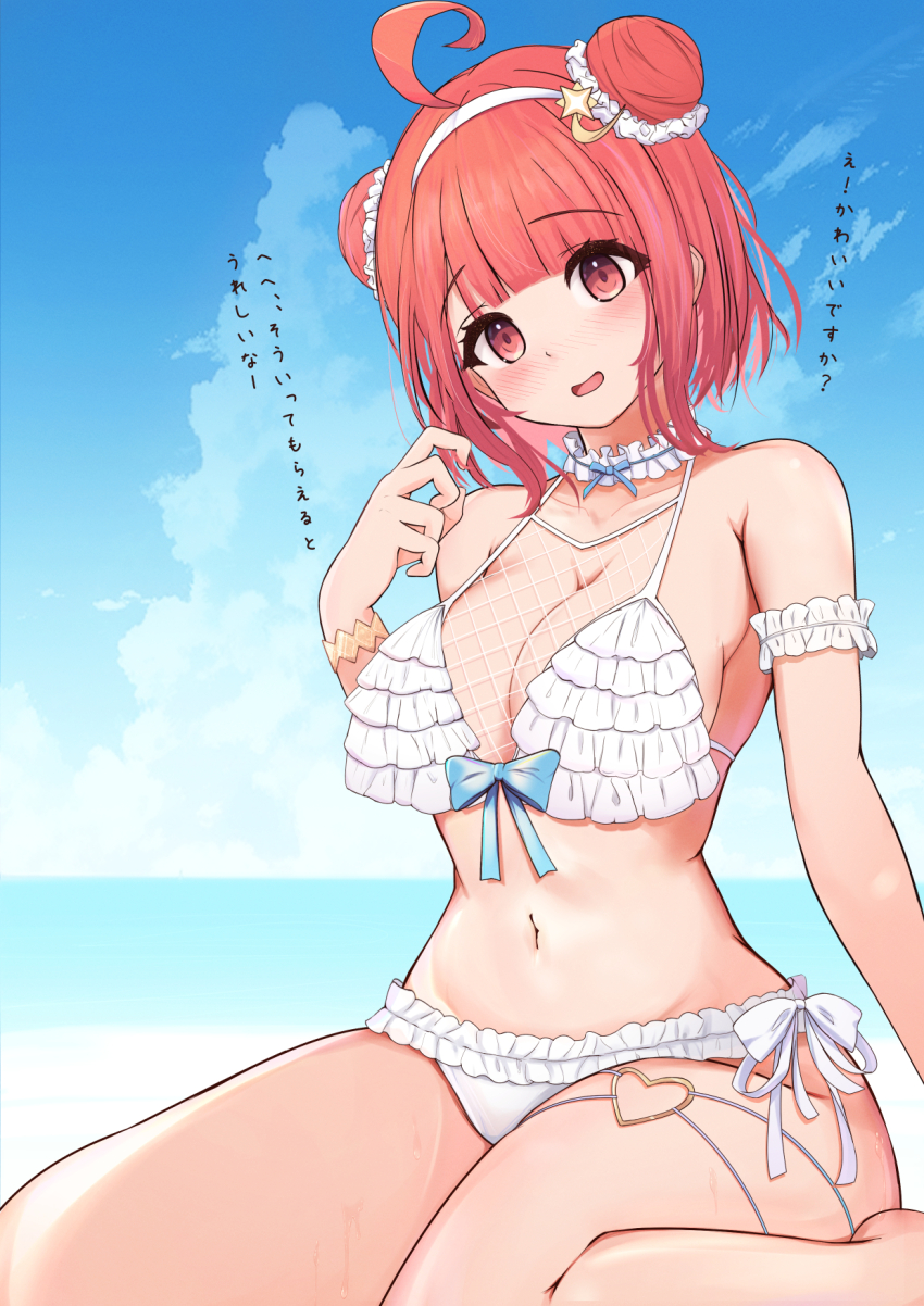 1girl ahoge beach bikini blue_bow blue_sky blunt_bangs blush bow bracelet breasts choker cloud day double_bun fishnets frilled_bikini frilled_choker frills hair_bun hair_ornament hairband head_tilt heart heart_o-ring highres horizon jewelry large_breasts looking_at_viewer miramira1908 navel nose_blush o-ring o-ring_thigh_strap ocean open_mouth orange_eyes orange_hair outdoors pink_nails short_hair side-tie_bikini_bottom sitting sky solo star_(symbol) star_hair_ornament swimsuit thigh_strap thighs twirling_hair virtual_youtuber vspo! wariza water wet white_bikini white_choker white_hairband yumeno_akari yumeno_akari_(summer_c102)