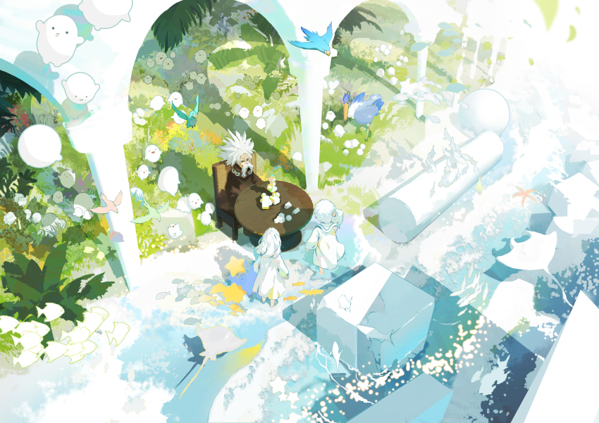 1girl 2boys absurdres aosagi_(kimitachi_wa_dou_ikiru_ka) bird blue_bird brown_robe facial_hair fish grey_hair highres ice_(805482263) kimitachi_wa_dou_ikiru_ka manta_ray multiple_boys mustache oooji_(kimitachi_wa_dou_ikiru_ka) parakeet robe starfish table toy_block warawara_(miyazaki) white_robe