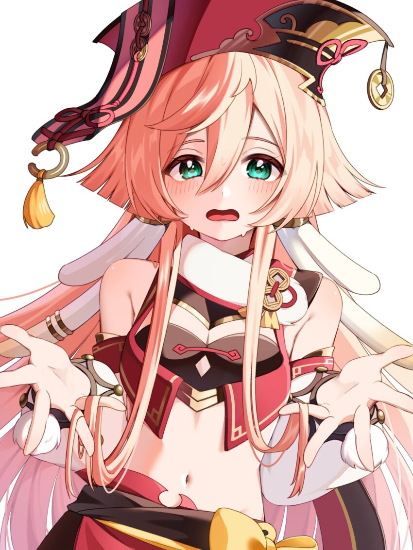 1girl antlers bare_shoulders black_bra blush bow bow_skirt bra breasts cleavage coin_hat_ornament crop_top detached_sleeves dutch_angle genshin_impact green_eyes hair_between_eyes hands_in_own_hair hands_up hat_ornament highres horns long_hair long_sleeves looking_at_viewer midriff navel open_mouth pink_hair pom_pom_(clothes) red_headwear skirt small_breasts solo sweat tofu_(0tohuuuu) underwear upper_body wavy_mouth white_background white_sleeves yanfei_(genshin_impact) yellow_bow