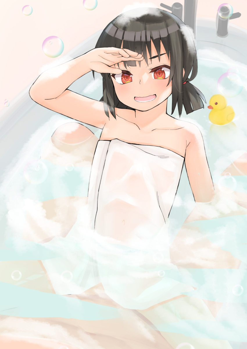 1boy 1girl arm_support bathroom bathtub brown_hair from_above highres komekko kono_subarashii_sekai_ni_shukufuku_wo! leaning_back loli low_twintails mixed_bathing naked_towel navel nekokyun paid_reward_available partially_submerged see-through_clothes short_hair short_twintails smile solo_focus tagme towel twintails