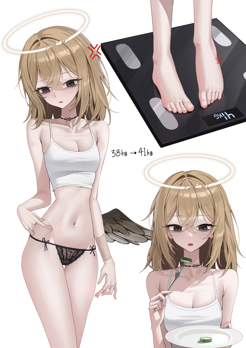 1girl absurdres angel anger_vein ashal_(mansu) bags_under_eyes barefoot bathroom_scale black_eyes black_panties blonde_hair blurry breasts broken_halo cleavage cucumber cucumber_slice depth_of_field diet feet fork grey_wings halo highres holding holding_fork holding_plate lace lace_panties legs looking_at_viewer looking_down low_wings mansu_(user_pnmp4287) medium_breasts multiple_views narrow_waist navel neck_tattoo no_pants open_mouth original panties parted_lips pinching_belly plate scissor_tattoo side-tie_panties simple_background single_wing skinny solo tank_top tattoo thighs toenails toes underwear weighing_scale weight_conscious white_background white_tank_top wings wristband