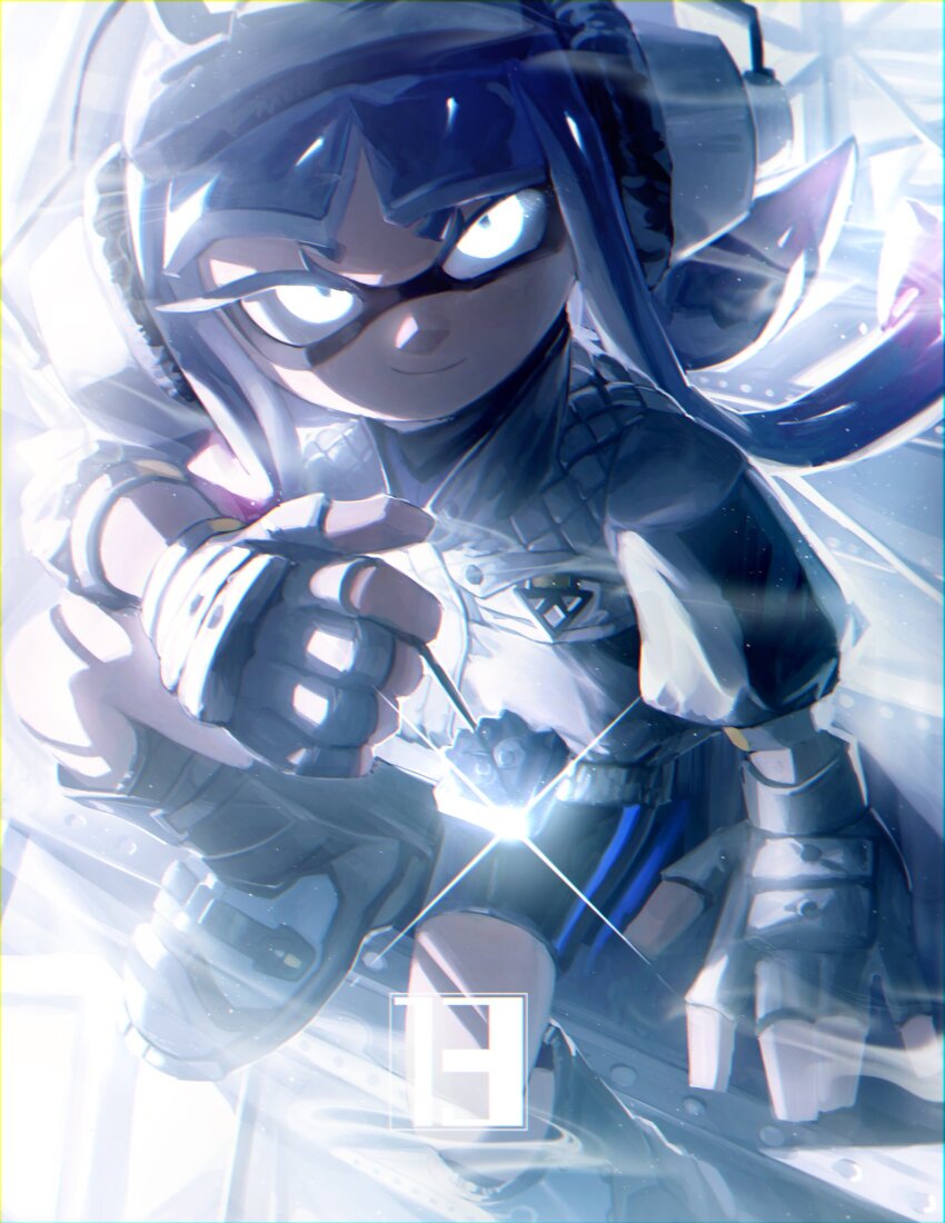 1girl bike_shorts black_shorts boots charm_(object) closed_mouth fingerless_gloves glint gloves grey_boots headphones highres holding holding_charm inkling inkling_girl inkling_player_character jacket knee_up light_particles long_hair long_sleeves looking_at_viewer nintendo no_(13_10_1230) purple_hair shorts sitting smile solo splatoon_(series) tentacle_hair white_eyes white_gloves white_jacket