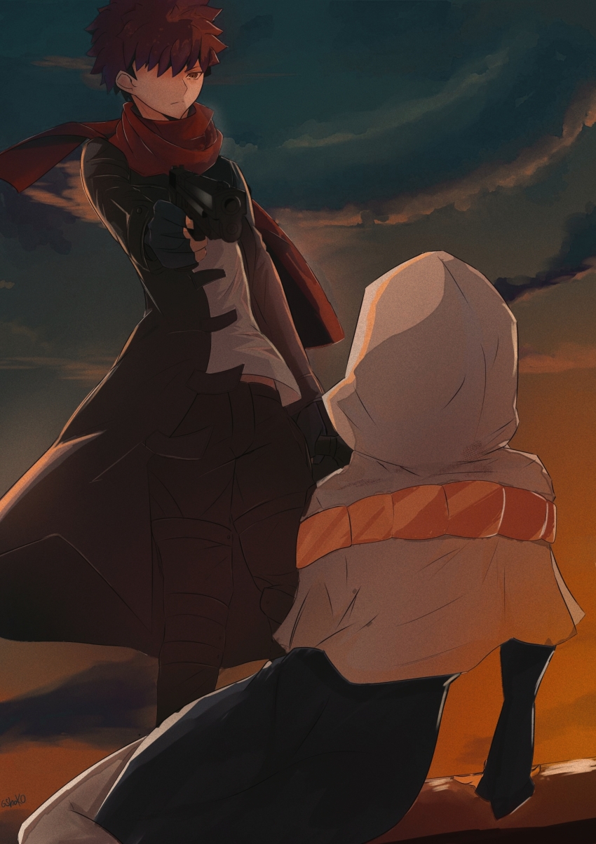 1boy absurdres bracelet buzz_cut chest_tattoo cornrows crew_cut emiya_alter emiya_shirou facial_mark fate/extra fate/extra_ccc fate/grand_order fate/stay_night fate_(series) field_of_blades forehead_mark highres horn_ornament horn_ring horns jewelry kanshou_&amp;_bakuya_(fate) kintsugi magic_circuit mudra necklace necktie orange_hair parted_bangs pearl_bracelet pink_necktie raglan_sleeves red_hair samoyed_(dog) sessyoin_kiara shell shell_necklace shokobr short_hair tattoo traffic_baton unlimited_blade_works_(reality_marble) veil very_short_hair vitarka_mudra