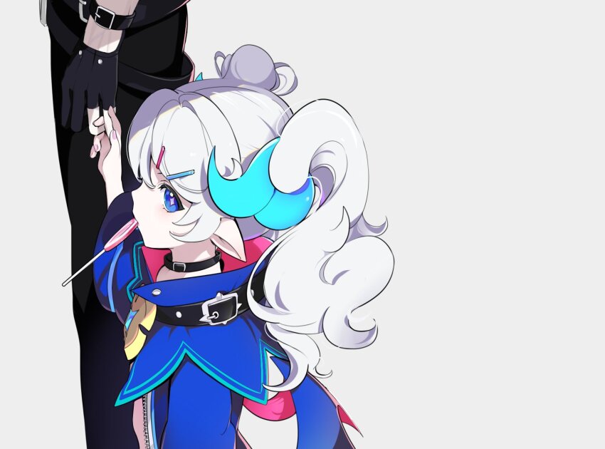1boy 1girl black_choker blue_eyes blue_jacket candy chiliarch_(elsword) choker ciel_(elsword) demon_horns dreadlord_(elsword) elsword food from_side highres horns jacket lollipop long_hair long_sleeves looking_at_viewer looking_to_the_side luciela_r._sourcream mouth_hold open_clothes open_jacket pointy_ears solo_focus swirl_lollipop symbol-shaped_pupils tanjel twintails upper_body white_hair wings