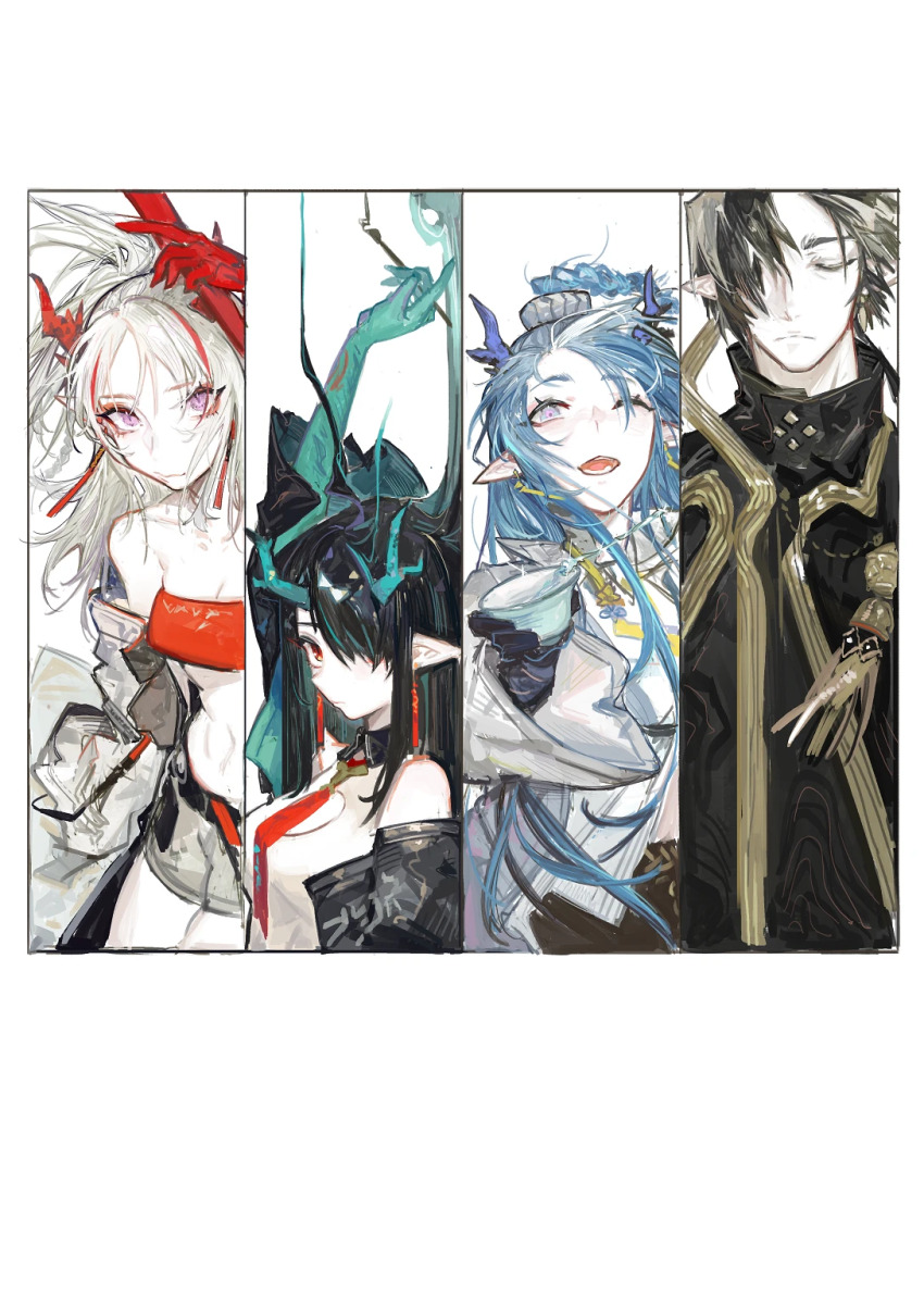 1boy 3girls arknights arm_tattoo arm_up bandana black_hair black_shirt black_skin blue_eyes blue_hair breasts brother_and_sister chongyue_(arknights) cleavage_cutout closed_eyes clothing_cutout colored_skin cup dragon_girl dragon_horns dress dusk_(arknights) green_skin grey_shorts hair_over_one_eye highres holding holding_cup horns ling_(arknights) multicolored_hair multiple_girls necktie nian_(arknights) pipidan pointy_ears purple_eyes red_bandana red_hair red_necktie red_skin shirt shorts siblings simple_background sisters small_breasts streaked_hair tattoo white_background white_dress white_hair white_shirt
