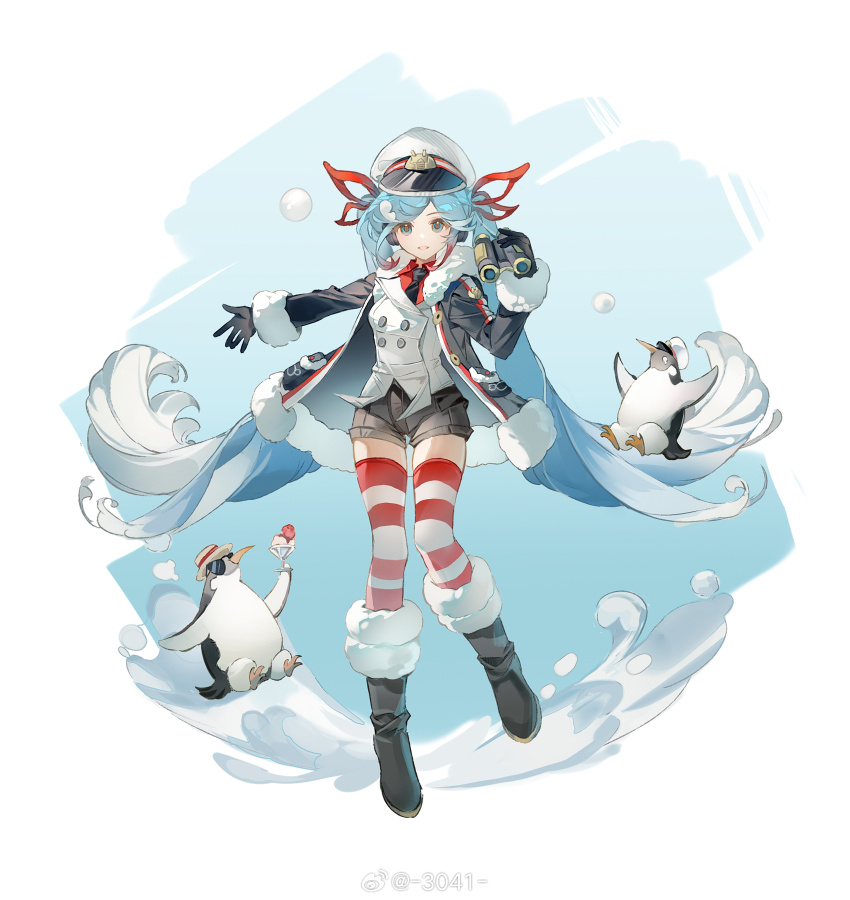 1girl :d \||/ animal artist_name binoculars bird black_boots black_gloves black_jacket black_necktie black_shorts blue_background blue_eyes blue_hair boots border buttons chinese_commentary clothed_animal collared_shirt commentary_request double-breasted dress_shirt fading_border flowerpothiru food full_body fur-trimmed_boots fur-trimmed_jacket fur-trimmed_sleeves fur_trim gloves gradient_hair hat hatsune_miku headphones highres holding holding_binoculars holding_food ice_cream jacket leg_up long_hair long_sleeves looking_at_viewer multicolored_hair necktie open_mouth parted_bangs peaked_cap penguin porkpie_hat red_hair red_shirt red_stripes red_thighhighs shirt short_shorts shorts smile snowball solo standing standing_on_one_leg straight-on striped_clothes striped_thighhighs sundae sunglasses thighhighs twintails very_long_hair vest vocaloid waistcoat watermark weibo_watermark white_background white_hair white_hat white_thighhighs white_vest yuki_miku yuki_miku_(2022)