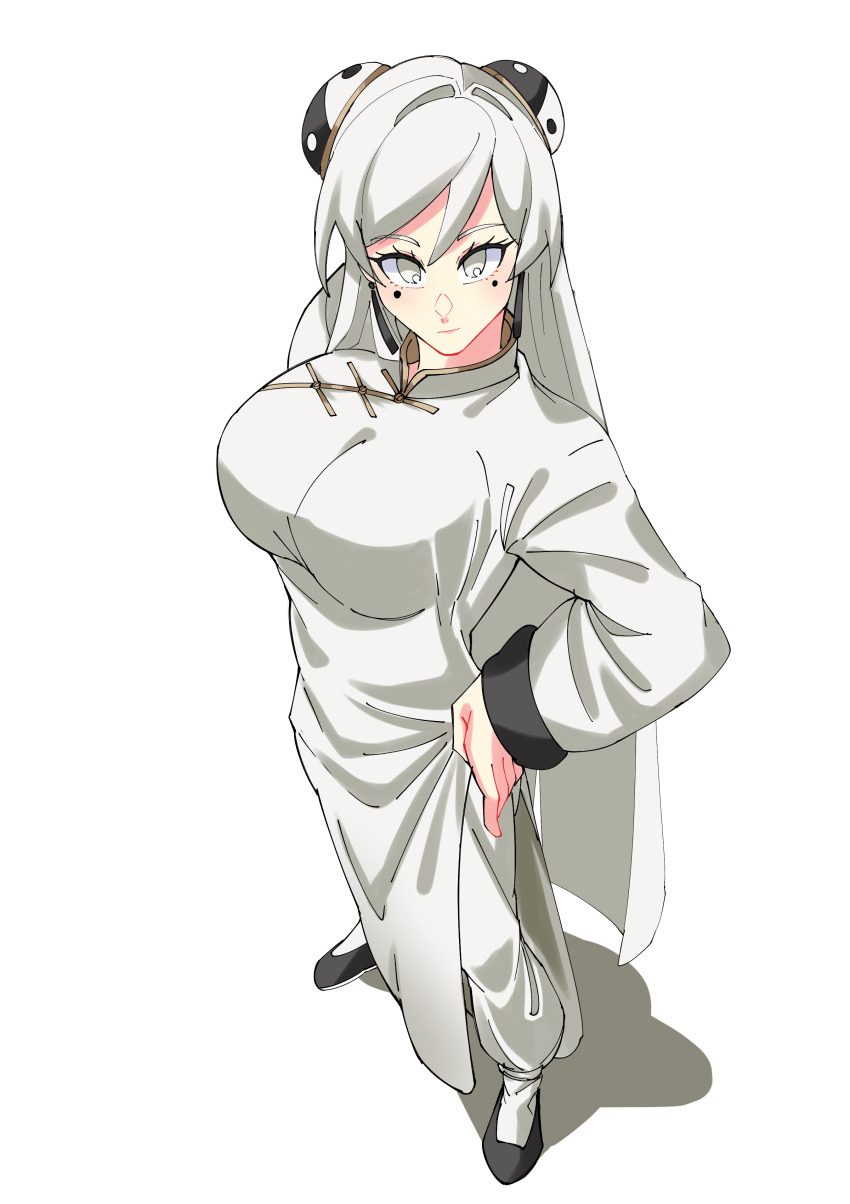 1girl absurdres changpao china_dress chinese_clothes dress fighting_stance highres kokoro_no_koibito kung_fu long_hair long_sleeves martial_arts monk original panties self-upload shaolin_monk tangzhuang training underwear white_dress white_hair white_panties