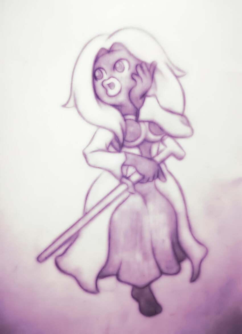 1girl ayu_draws cane dress fakemon full_body game_freak gen_1_pokemon greyscale hand_on_own_cheek hand_on_own_face hand_up highres holding holding_cane jynx long_dress long_sleeves monochrome nintendo original parted_bangs parted_lips pokemon solo standing thick_lips traditional_media
