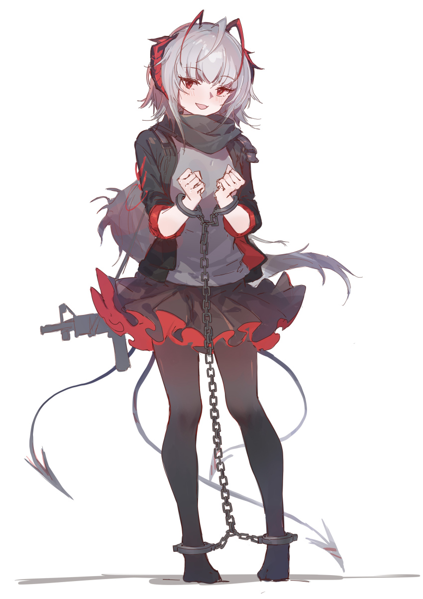 1girl absurdres arknights black_pantyhose chain cuffs curly_sue demon_tail grey_hair handcuffs highres long_hair no_shoes pantyhose pleated_skirt red_eyes restrained sao7 skirt solo tail w_(arknights)