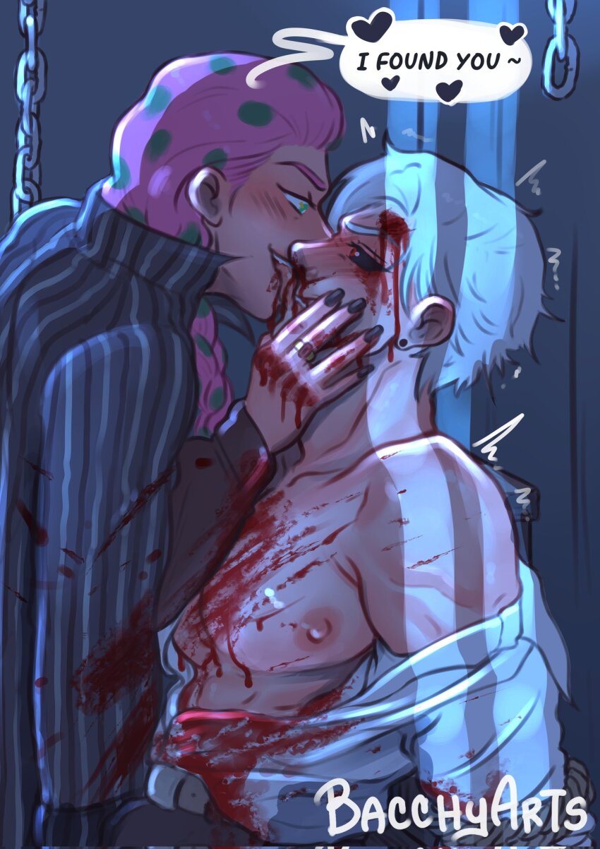 2boys artist_name bacchyarts black_sclera bleeding blood blood_on_clothes blood_on_face blush chain colored_sclera diavolo english_text green_eyes highres jojo_no_kimyou_na_bouken licking_another&#039;s_face long_hair male_focus multiple_boys nipples pants pink_hair red_eyes risotto_nero shirt speech_bubble trembling vento_aureo white_hair yaoi