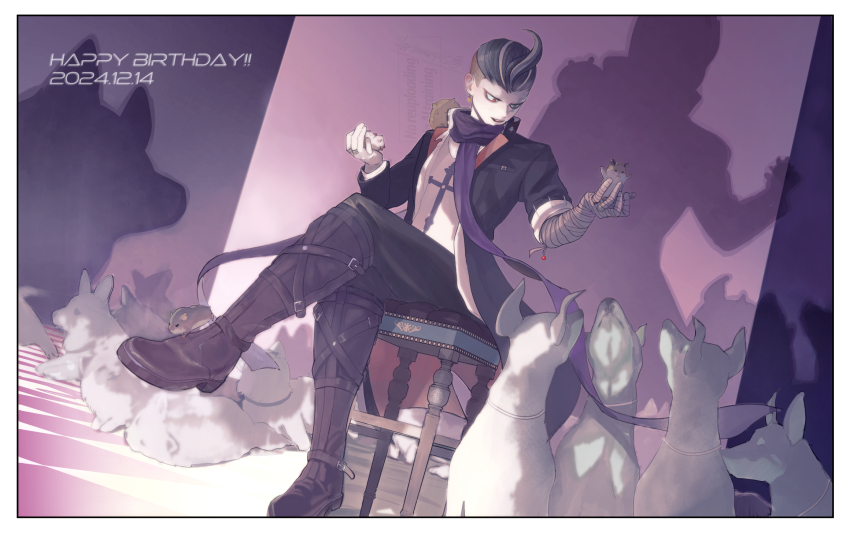 1boy bandaged_arm bandages black_coat black_hair black_pants blue_eyes boots border brown_boots cham-p coat crossed_legs danganronpa_(series) danganronpa_2:_goodbye_despair dated dog grey_hair hamster happy_birthday heterochromia highres jum-p maga-g male_focus mt2_(sub_mmt) multicolored_hair on_chair open_clothes open_coat pants print_shirt purple_scarf rabbit red_eyes scar scar_on_face scarf shadow shirt short_hair sitting solo sun-d tanaka_gundham two-sided_coat two-sided_fabric two-tone_hair white_border white_shirt