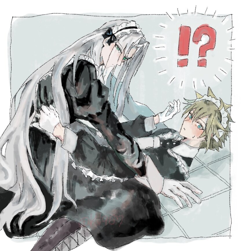!? 2boys alternate_costume apron black_dress blonde_hair blue_eyes blush cloud_strife collared_dress crossdressing dress enmaided final_fantasy final_fantasy_vii frilled_apron frills gloves green_eyes grey_hair hand_on_another&#039;s_waist highres kv9g7 long_hair long_sleeves looking_at_viewer lying maid maid_apron maid_headdress male_focus male_maid multiple_boys on_back sephiroth short_hair spiked_hair straddling sweatdrop white_apron white_gloves yaoi