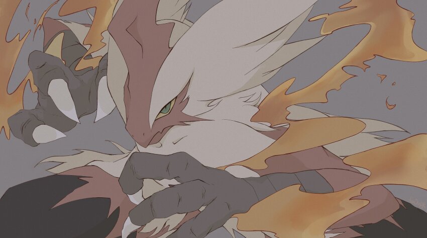 bird blaziken blue_eyes chicken close-up colored_sclera flaming_hand fu04pk gen_3_pokemon grey_background highres looking_at_viewer mega_blaziken mega_pokemon muted_color nintendo pokemon pokemon_(creature) simple_background solo talons yellow_sclera