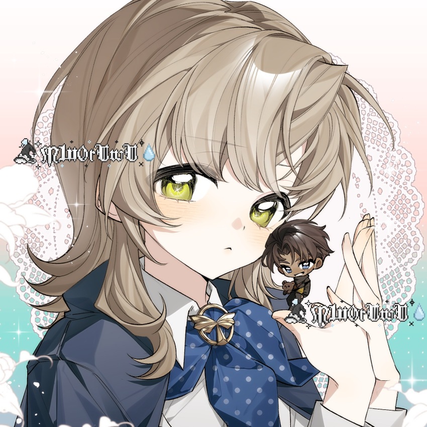 1boy 1girl :&lt; aqua_background artist_request black_hair black_jacket black_pants blue_cape blue_eyes blue_neckerchief brother_and_sister brother_and_step-sister brown_hair cape chibi chibi_inset collared_shirt commission gradient_background green_eyes grin hands_up highres holding holding_mini_person j_(reverse:1999) jacket looking_at_viewer medium_hair mini_person miniboy neckerchief own_hands_together pants paulina_(reverse:1999) pink_background pixel_text polka_dot_neckerchief raised_eyebrow reverse:1999 second-party_source shirt siblings smile solo_focus step-brother_and_step-sister step-siblings stuffed_animal stuffed_toy teddy_bear two-tone_background watermark white_shirt