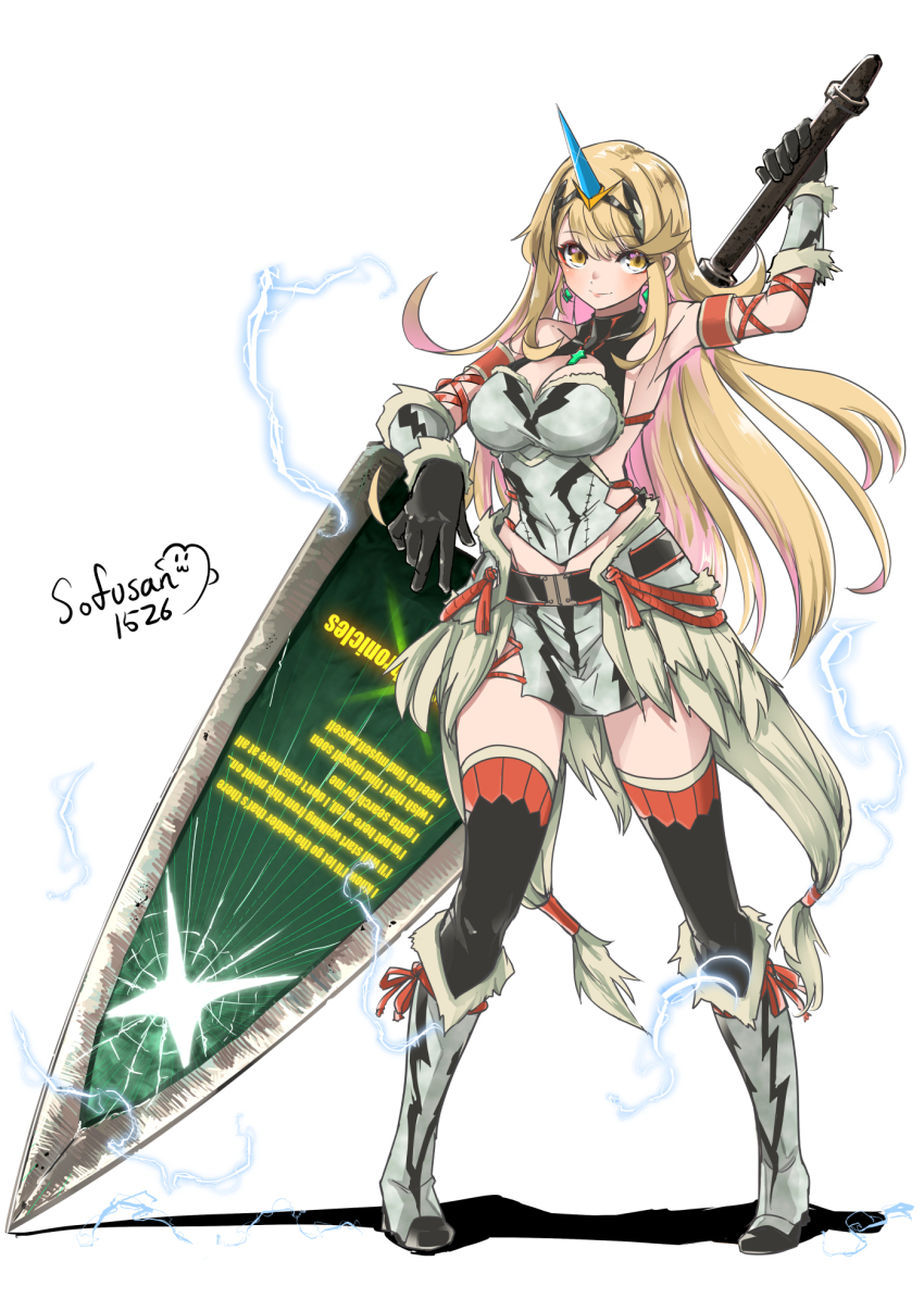 1girl animal_ears bare_shoulders blonde_hair breasts chest_jewel cleavage core_crystal_(xenoblade) electricity english_text full_body highres holding holding_behind_back holding_sword holding_sword_behind_back holding_weapon holding_weapon_behind_back horns kirin_(armor) large_breasts long_hair monster_hunter_(series) mythra_(xenoblade) navel signature simple_background single_horn sofusan1526 solo sword very_long_hair weapon white_background xenoblade_chronicles_(series) xenoblade_chronicles_2 yellow_eyes