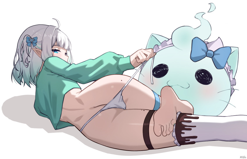1girl absurdres ahoge ass barefoot blue_eyes butt_crack commentary english_commentary frilled_thighhighs frills gradient_hair green_hair green_sweater highres indie_virtual_youtuber long_sleeves looking_at_viewer looking_back lying median_furrow mint_fantome mole mole_on_ass multicolored_hair no_pants paid_reward_available panties short_hair side-tie_panties simple_background single_thighhigh soles solo strap_pull sweater thigh_strap thighhighs toes two_side_up underwear untied_panties virtual_youtuber wavy_hair white_background white_hair white_panties white_thighhighs wisps_(mint_fantome) x_xith_x