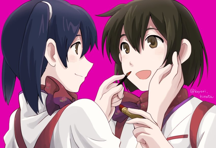 10s 2girls blue_hair brown_eyes brown_hair cosmetics hair_between_eyes hair_tie hand_on_another&#039;s_face hiryuu_(kancolle) hiryuu_(peach)_(kancolle) kantai_collection koyori_hinata lipstick lipstick_tube long_hair magenta_background makeup multiple_girls one-hour_drawing_challenge open_mouth peach_(airline) pink_background scarf short_hair simple_background smile souryuu_(kancolle) souryuu_(peach)_(kancolle) twintails twitter_username uniform upper_body