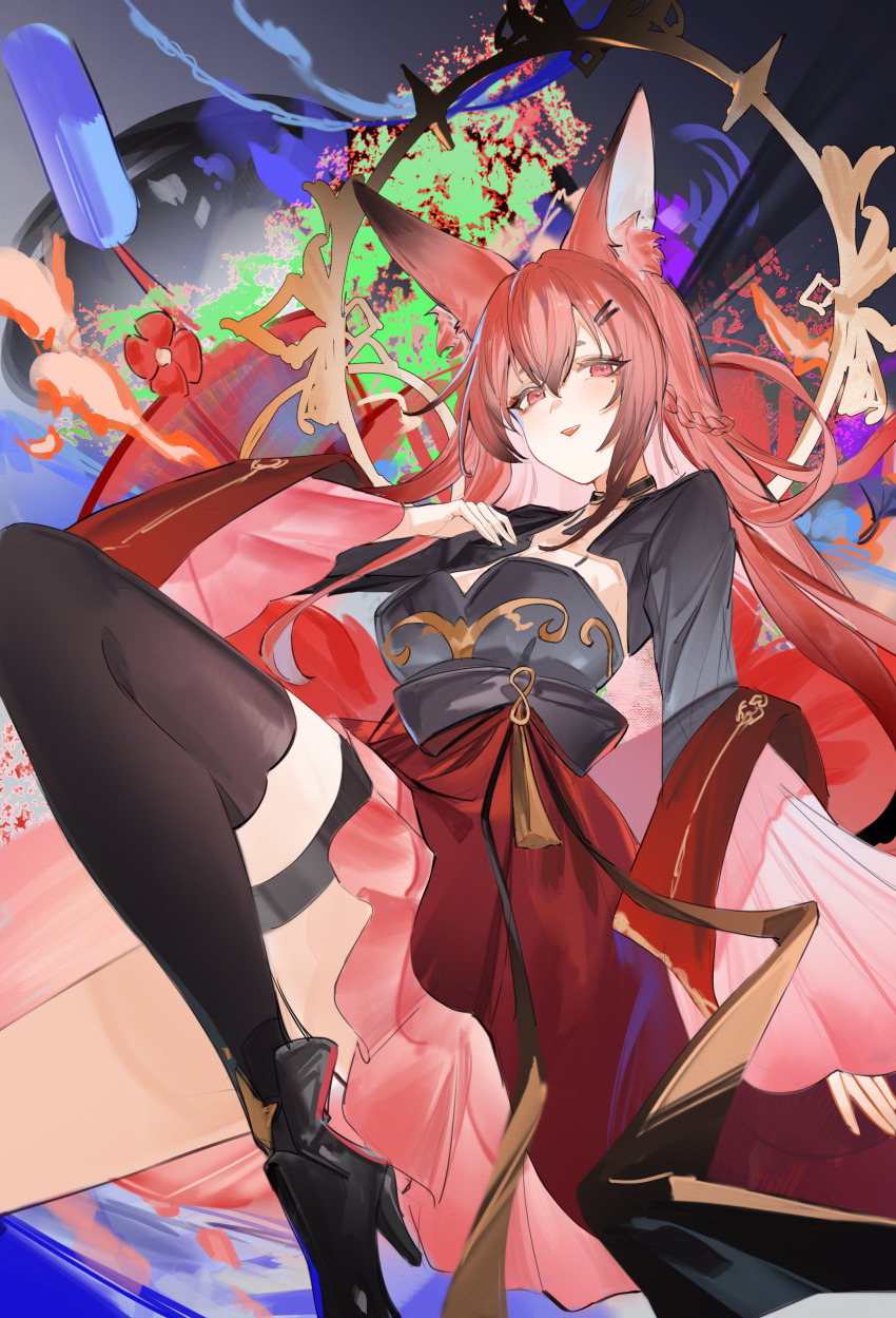 1girl absurdres animal_ears black_shirt blush breasts flantia fox_ears fox_girl fox_tail garter_straps gradient_hair hair_ornament hairclip high_heels highres long_hair long_sleeves looking_at_viewer medium_breasts mole mole_under_eye multicolored_hair open_mouth original pink_eyes pink_hair red_hair red_skirt shirt single_thighhigh skirt smile solo tail thighhighs wide_sleeves