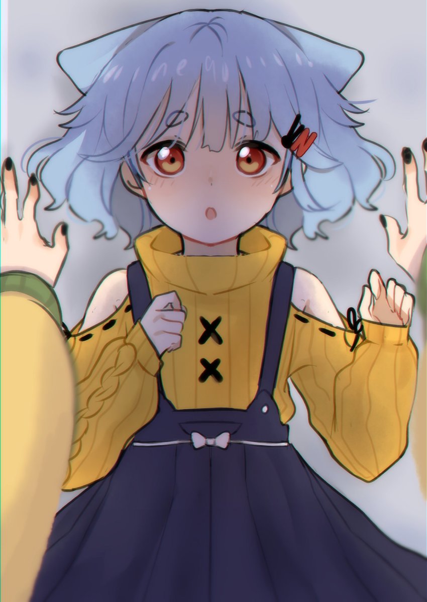 1girl :o animal_ears bare_shoulders black_nails blue_hair blush bob_cut bow bow_skirt cable_knit clothing_cutout ears_down hair_ornament hairclip highres hikimayu kabedon long_sleeves looking_at_viewer nail_polish neqo_(character) neqo_(neneneqo) open_mouth pov pov_hands red_eyes ribbed_sweater shaded_face shadow shirt short_eyebrows short_hair shoulder_cutout skirt sleeves_past_wrists solo_focus suspender_skirt suspenders sweater thick_eyebrows turtleneck turtleneck_sweater upper_body w_arms white_bow yellow_shirt yellow_sweater