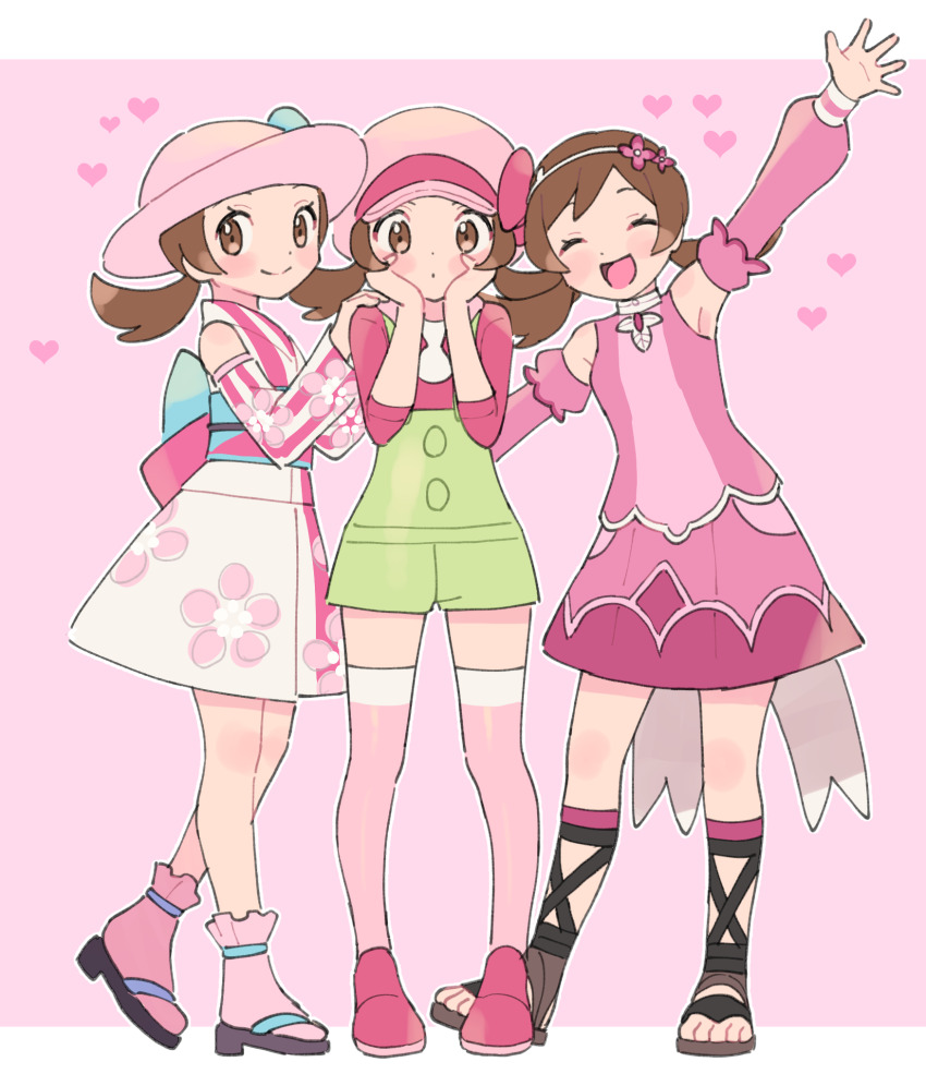 3girls brown_eyes brown_hair closed_eyes commentary_request creatures_(company) detached_sleeves dress game_freak green_overalls hands_on_own_cheeks hands_on_own_face hat heart highres japanese_clothes kimono lyra_(pokemon) lyra_(summer_2020)_(pokemon) lyra_(sygna_suit)_(pokemon) multiple_girls multiple_persona nintendo official_alternate_color open_mouth overalls pink_dress pink_hat pink_kimono pink_shirt pink_shoes pink_thighhighs pokemon pokemon_masters_ex puffy_short_sleeves puffy_sleeves pumpkinpan sandals shirt shoes short_sleeves smile thighhighs vertical-striped_sleeves waving
